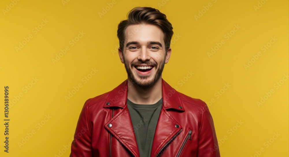 Obraz premium Happy man in red leather jacket.