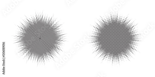 Set of black halftone grunge circle. Vector modern dots halftone arts. Halftone circle frame background set. Round border Icon using halftone random circle. Grunge circular stain. Vector illustration.