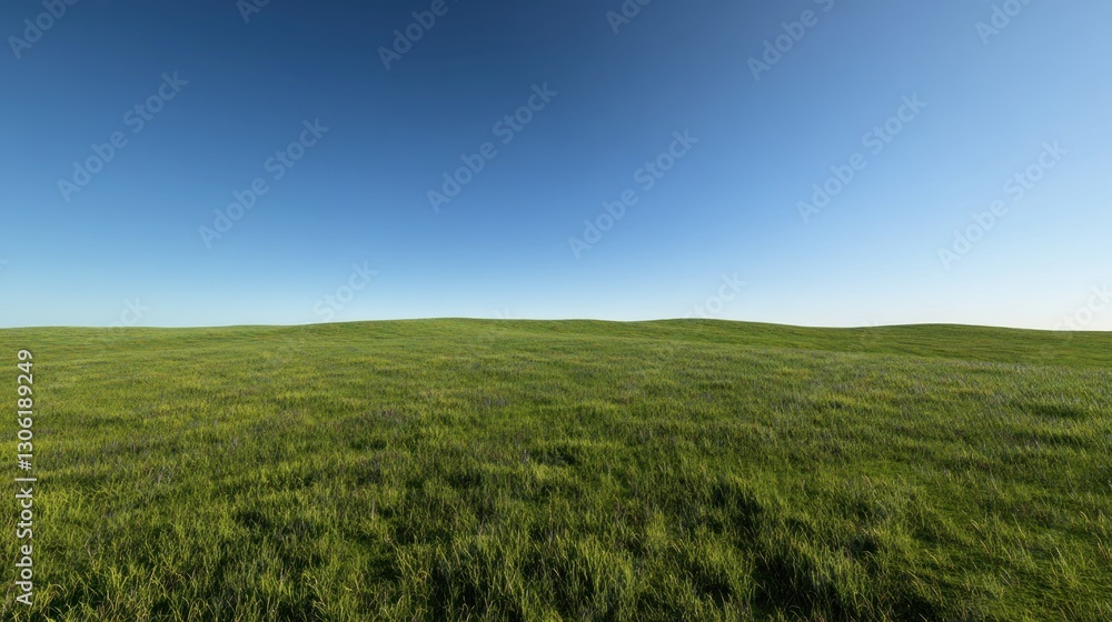 Undulating green field under clear blue sky; panoramic view; nature background; website banner Undulating green field under clear blue sky; panoramic view; nature background; website banner