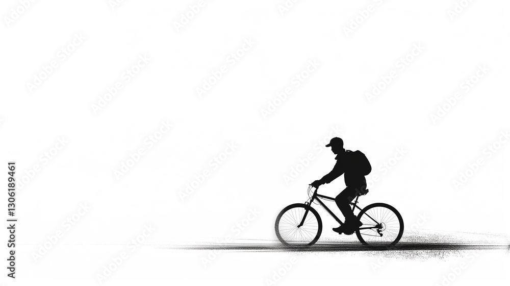Fototapeta premium Silhouette of man riding bicycle, minimalist black and white.
