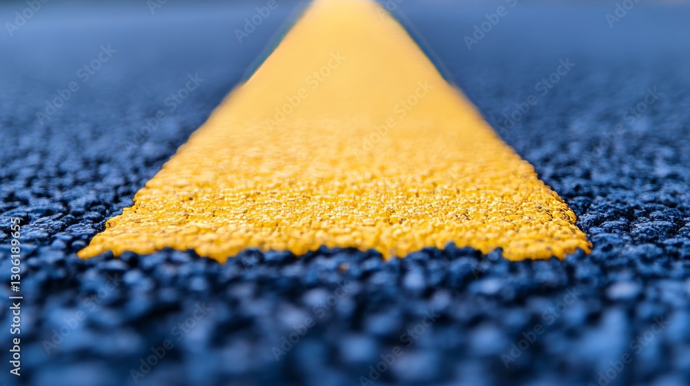 Fototapeta premium Wet road lines on asphalt, autumn leaves scattered around, with the background out of focus