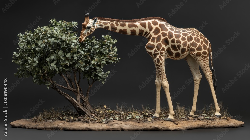 Obraz premium Giraffe eating leaves, savanna diorama, studio shot, wildlife art