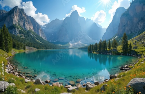 Panoramic view of Sorapis Lake in Dolomites mountains, Cortina dAmpezzo, Italy. Alpine lake Lago di Sorapis reflects mountains. Turquoise water, green forest, rocks, flowers at shore, sunny summer photo