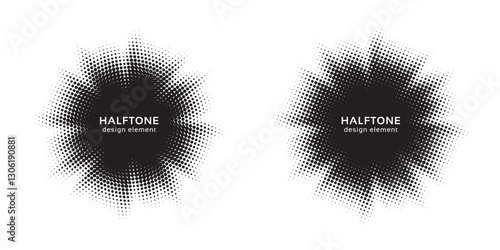 Set of black halftone grunge circle. Vector modern dots halftone arts. Halftone circle frame background set. Round border Icon using halftone random circle. Grunge circular stain. Vector illustration.