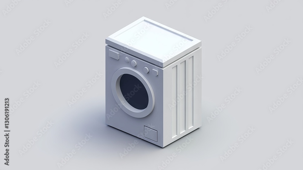 Isometric view of a white washing machine, displayed with a grey background, highlighting the appliance