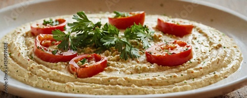 Middle Eastern cuisine, creamy hummus dip, sliced cherry tomatoes, fresh parsley garnish, rustic white plate, smooth texture, appetizer presentation, vibrant colors, close-up food photography, restaur photo