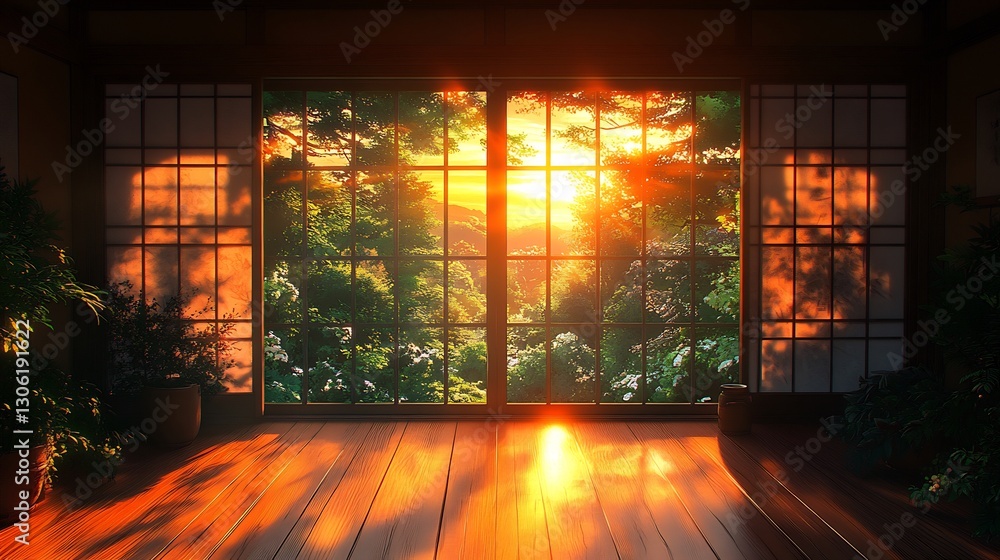 Warm Sunset Glows Through Tranquil Room Windows. AI Generated Warm Sunset Glows Through Tranquil Room Windows. AI Generated