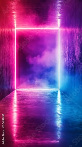 Wallpaper Mural Vibrant neon-lit corridor with mist, leading to a mysterious glowing doorway at night Torontodigital.ca