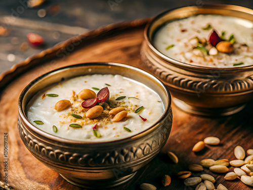 Tasty bowls of creamy white kheer, rice and milk with pistachio. Delicious food background