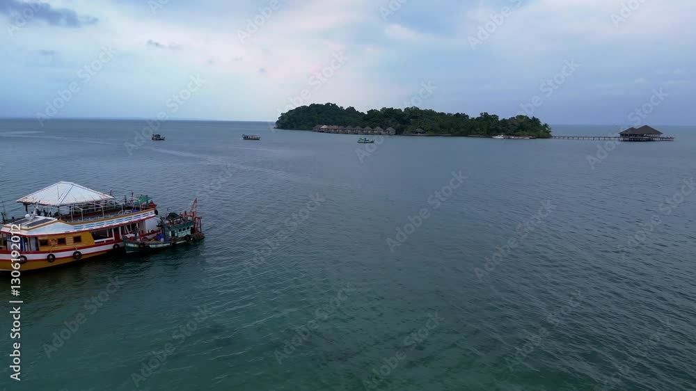 Private lush Island with long pier Cambodia. Best aerial view flight drone Private lush Island with long pier Cambodia. Best aerial view flight drone