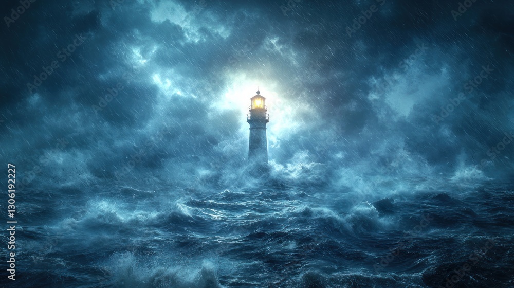 A solitary lighthouse stands amidst a stormy ocean environment