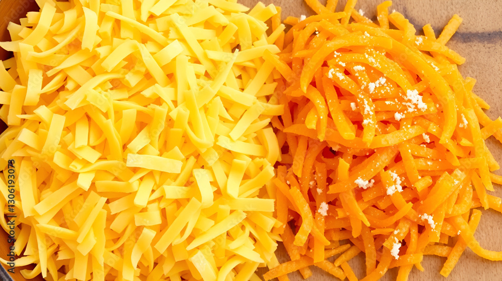 Shredded cheddar cheese, in a wooden bowl. Grated natural cheese, piquant, colored orange with annatto, a natural food coloring. Rolled in starch to avoid sticking. Used for pizza and pasta dishes. Shredded cheddar cheese, in a wooden bowl. Grated natural cheese, piquant, colored orange with annatto, a natural food coloring. Rolled in starch to avoid sticking. Used for pizza and pasta dishes.