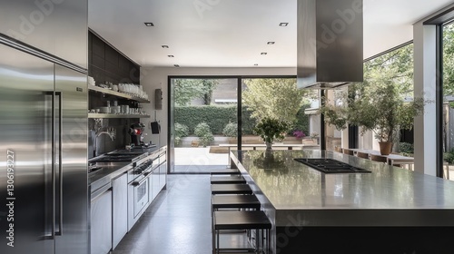 Modern kitchen, island, garden view, stainless steel appliances, cooking prep