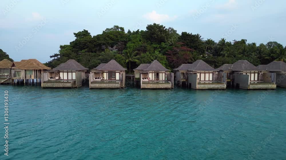 Private lush Island with long pier Cambodia. Wonderful aerial view flight drone Private lush Island with long pier Cambodia. Wonderful aerial view flight drone