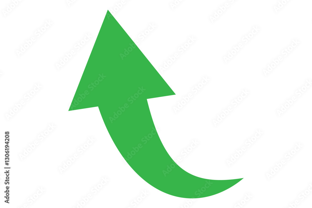 Green curved graph with arrow icon. Arrow illustration pointing up. Counterclockwise direction pointer. single arrow, sign left down isolated on white background. Vector illustration. Green curved graph with arrow icon. Arrow illustration pointing up. Counterclockwise direction pointer. single arrow, sign left down isolated on white background. Vector illustration.