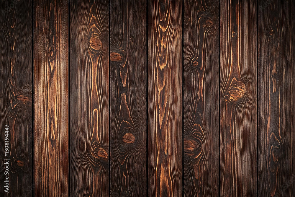 Fototapeta premium Elegant Wood Plank Texture Rustic Warm Brown Backdrop Surface Panel Lumber Grain Knots Dark Tones