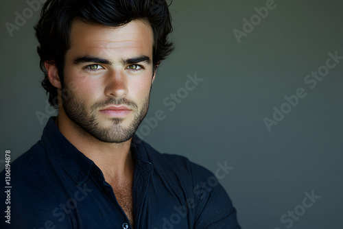 Captivating portrait of a handsome man with piercing eyes and a serious expression