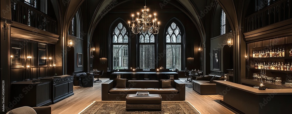 Obraz premium Elegant interior of a modern gothic-style lounge with rich textures and ambient lighting.