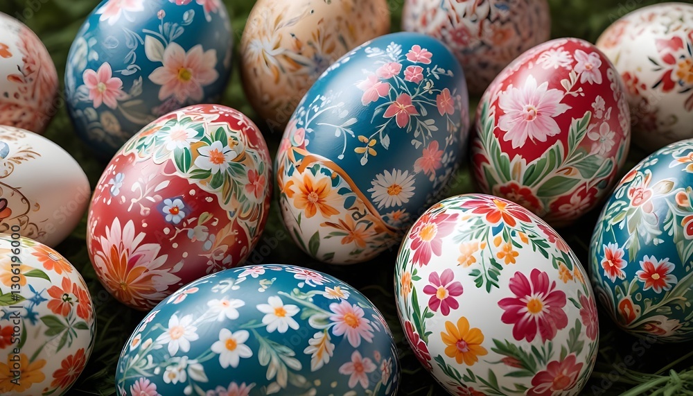 A close-up view of exquisitely painted easter eggs adorned with intricate floral designs, showcasing their beauty and detail A close-up view of exquisitely painted easter eggs adorned with intricate floral designs, showcasing their beauty and detail