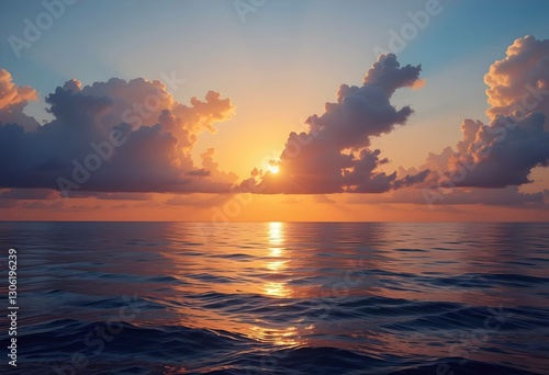 Majestic Orange Sunset Over Calm Ocean Waters With Dramatic Clouds And Golden Light Reflection. Perfect for meditation, wellness and inspirational themes