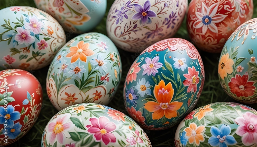 A close-up view of exquisitely painted easter eggs adorned with intricate floral designs, showcasing their beauty and detail A close-up view of exquisitely painted easter eggs adorned with intricate floral designs, showcasing their beauty and detail