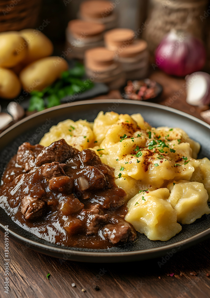 Close-up of dumplings with meat stew served on plate, rustic culinary composition Close-up of dumplings with meat stew served on plate, rustic culinary composition