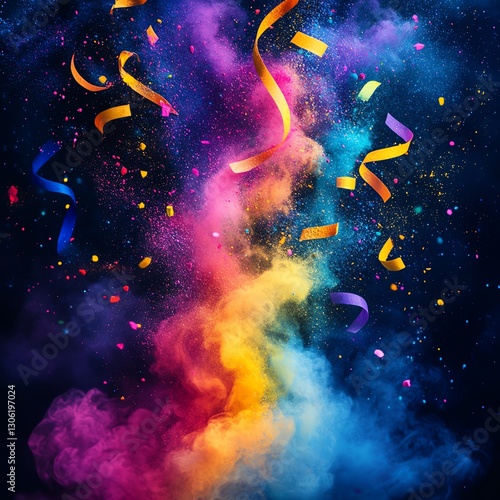 A joyful Holi celebration background with rainbowcolored powders in the air and colorful streamers photo