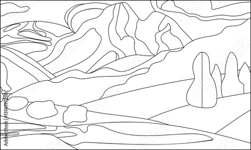 Coloring Page Mountain Landscape Vector Background 