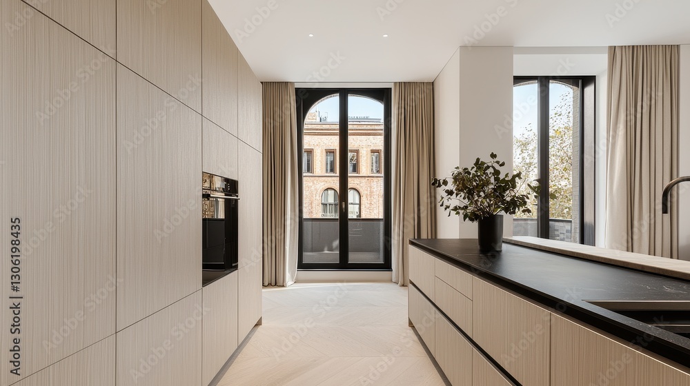 Obraz premium Modern Minimalist Kitchen with Natural Light and Urban View