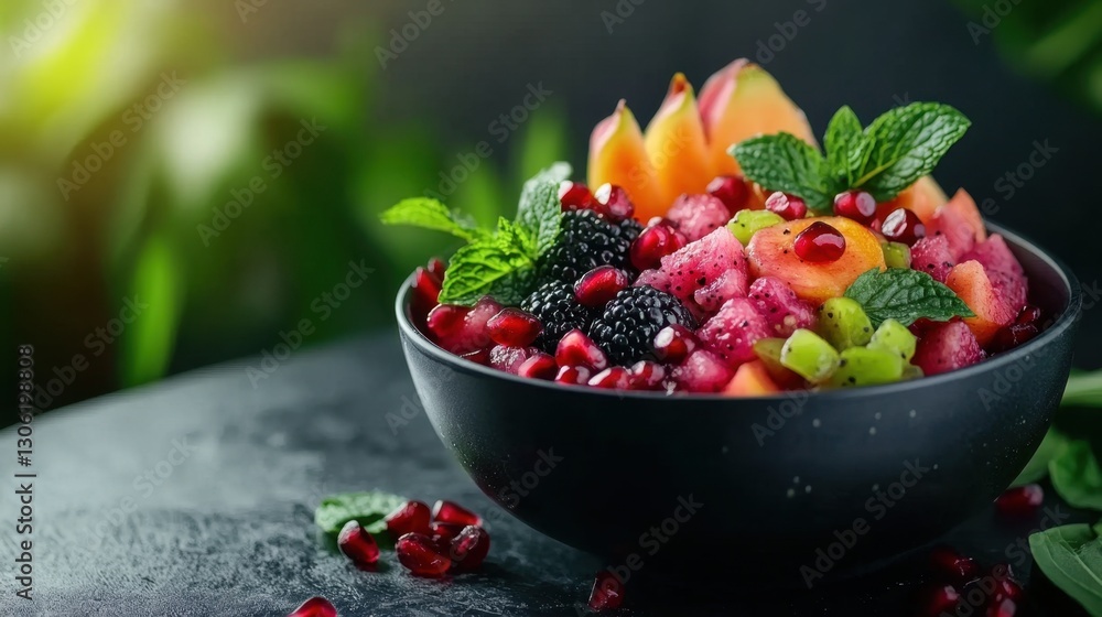 Bowl of assorted fresh fruit including apples bananas oranges and mint leaves on a wooden table Bowl of assorted fresh fruit including apples bananas oranges and mint leaves on a wooden table