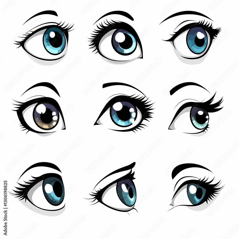 Cartoon eye designs in various styles, demonstrating different perspectives and colors, with distinct eyelash details. Isolated on white background. Cartoon eye designs in various styles, demonstrating different perspectives and colors, with distinct eyelash details. Isolated on white background.