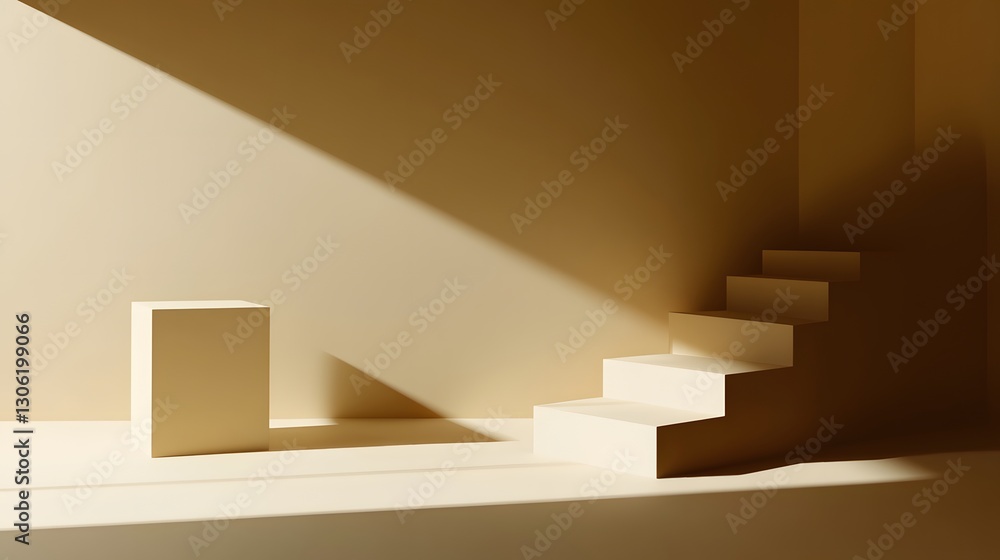 Minimalist Beige Room with Cube and Steps Sunlight Minimalist Beige Room with Cube and Steps Sunlight
