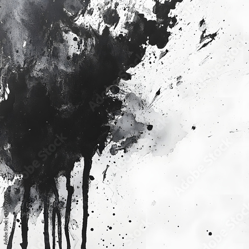 Abstract Black Ink Splatter Painting on White Background
