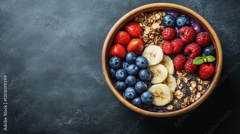 Bowl filled with assorted fresh fruit and mixed nuts placed on a wooden table surface Bowl filled with assorted fresh fruit and mixed nuts placed on a wooden table surface