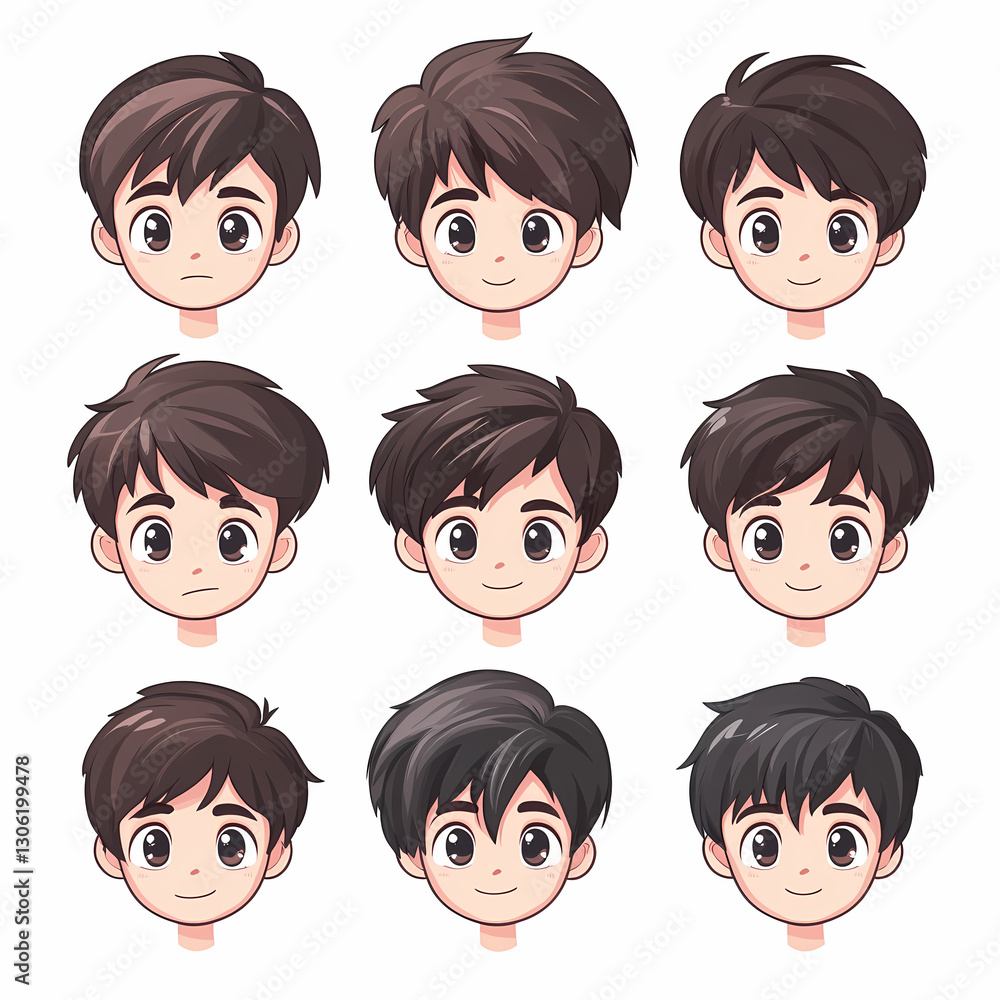 Cartoon headshots of a young boy with different hairstyles, showcasing variations in hair color and texture. Ideal for character design and styling. Cartoon headshots of a young boy with different hairstyles, showcasing variations in hair color and texture. Ideal for character design and styling.