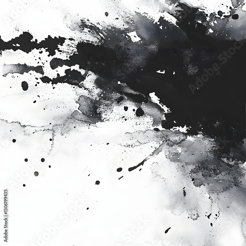 Abstract Black Ink Splatter Painting on White Background
