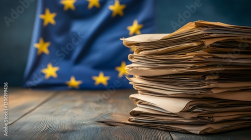 EU Bureaucracy: A Stack of Documents Against a Blurred European Flag