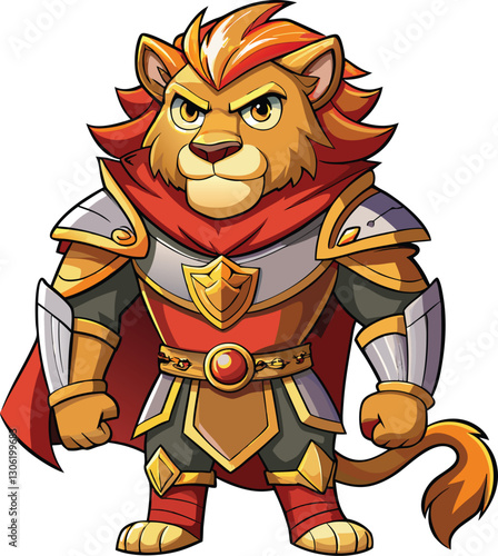 Knight warrior lion mascot character 3d disney cartoon style sticker vector design