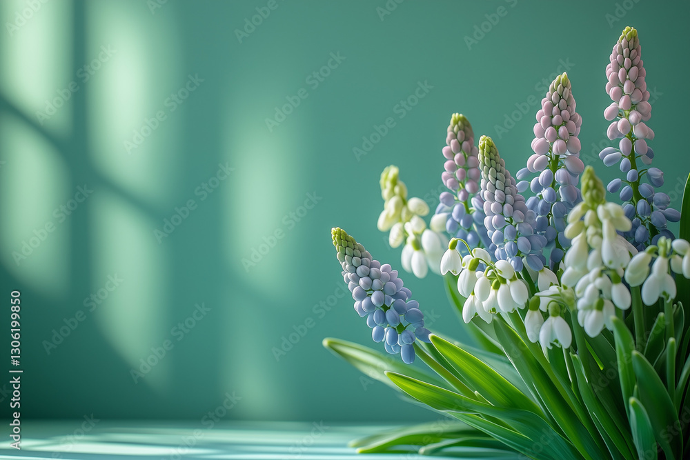 Light green background with spring flowers muscari and snowdrops. Spring postcard for the holidays.