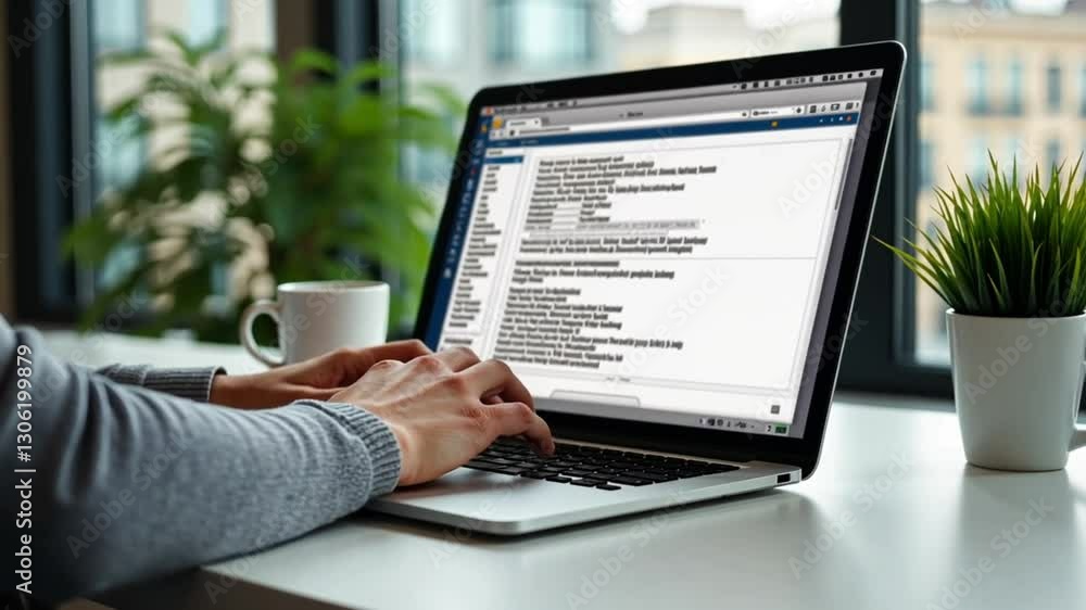Freelancer Working on Laptop at Home Office with Online Task Management Tool, Remote Job and Productivity in Modern Workspace with City View Freelancer Working on Laptop at Home Office with Online Task Management Tool, Remote Job and Productivity in Modern Workspace with City View