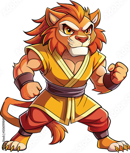 Martial art lion mascot character 3d disney cartoon style sticker vector design