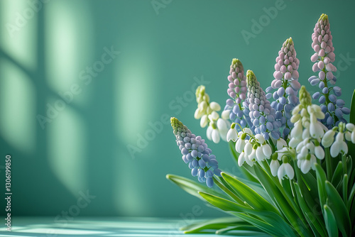 Obraz na płótnie Light green background with spring flowers muscari and snowdrops. Spring postcard for the holidays. w salonie