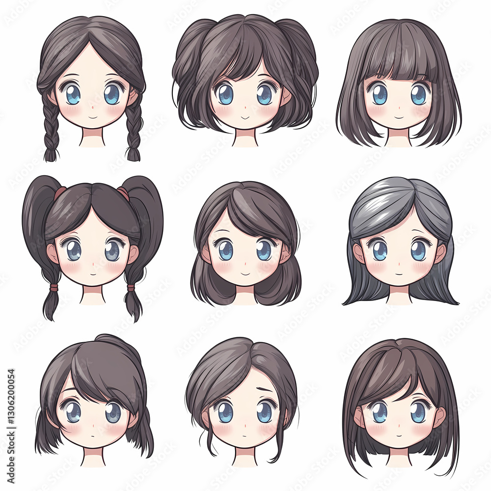 Anime girl faces with various hairstyles: braids, pigtails, bangs, short, long, and silver hair with big blue eyes on a white background. Anime girl faces with various hairstyles: braids, pigtails, bangs, short, long, and silver hair with big blue eyes on a white background.