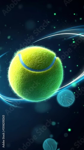 Dynamic tennis ball in energetic motion with luminous trail against dark background