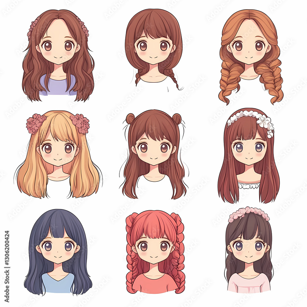 Illustrative compilation showcasing nine distinct cartoon girls with varying hairstyles, colors, and adornments against a plain white background. Illustrative compilation showcasing nine distinct cartoon girls with varying hairstyles, colors, and adornments against a plain white background.