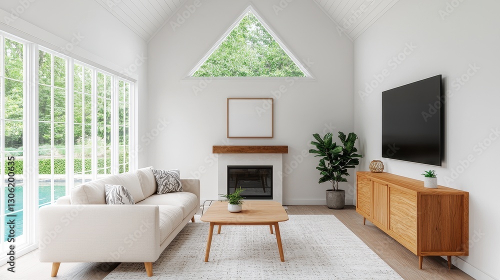 Modern minimalist living room with large windows and neutral decor Modern minimalist living room with large windows and neutral decor
