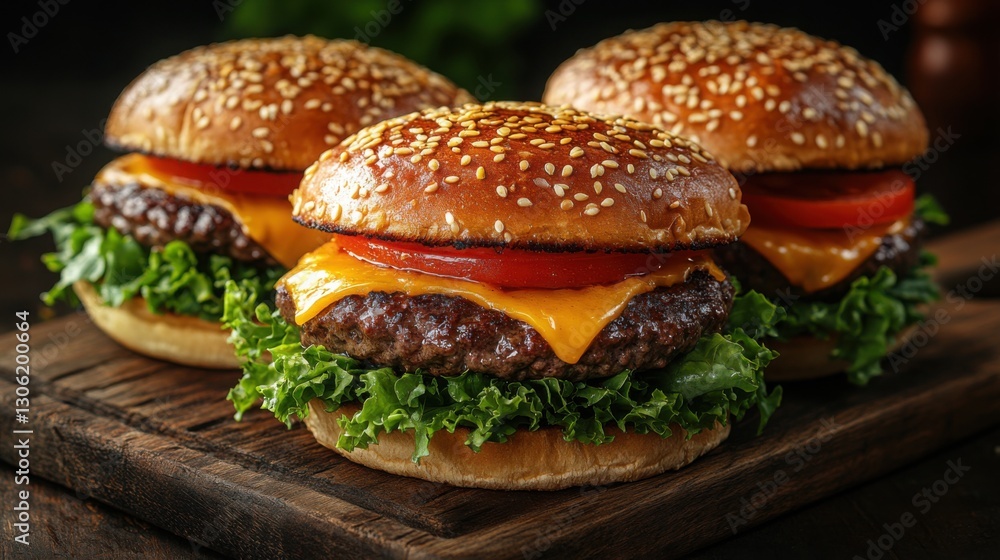 Delicious Cheeseburgers with Sesame Seed Buns on Wooden Board Delicious Cheeseburgers with Sesame Seed Buns on Wooden Board