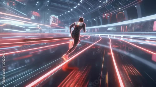 Futuristic digital athlete running on neon light track in high-tech environment