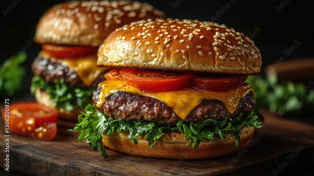 Juicy Cheeseburger with Sesame Seed Bun Melted Cheese and Fresh Tomato Juicy Cheeseburger with Sesame Seed Bun Melted Cheese and Fresh Tomato