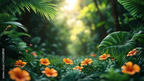 Fototapeta Naklejka Na Ścianę i Meble -  Lush Tropical Rainforest Scene with Vibrant Orange Flowers and Sunlight